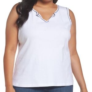 🙂 Three Dots Tank Top White, Blue Contrast Stitch